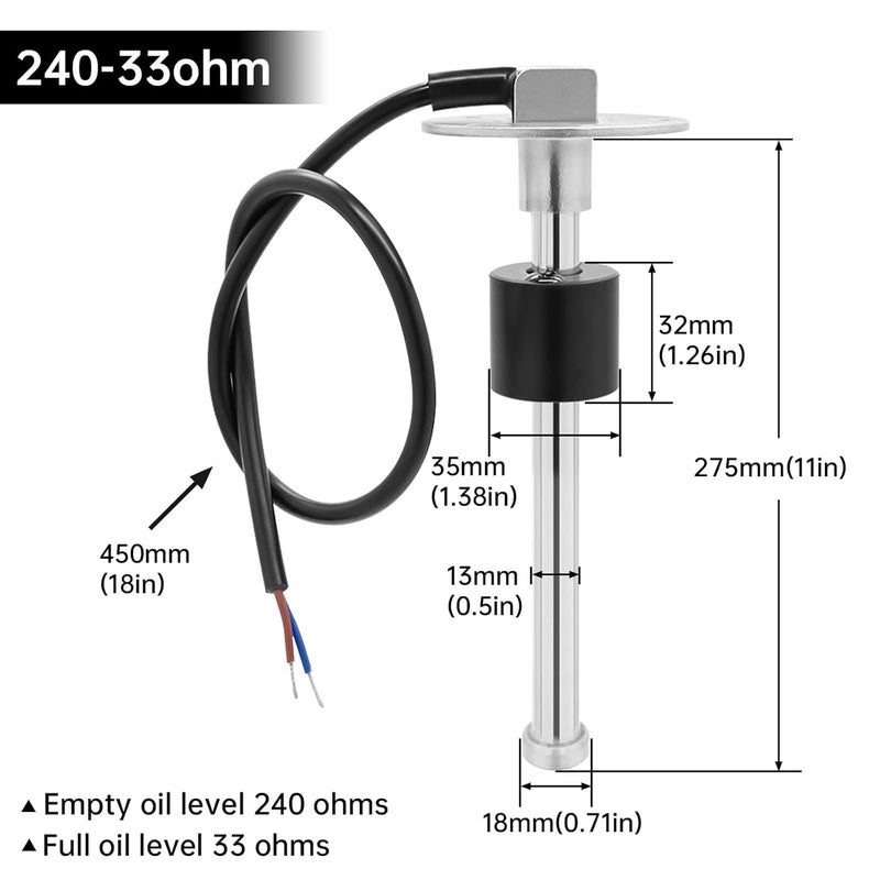 ARTILAURA Fuel Sending Unit and Gauge Kit, 240-33ohms 11" (275mm) Boat Marine Fuel Tank Sender Stainless Steel Gas Sensor for Car Truck Vehicle (Black) - Image 3